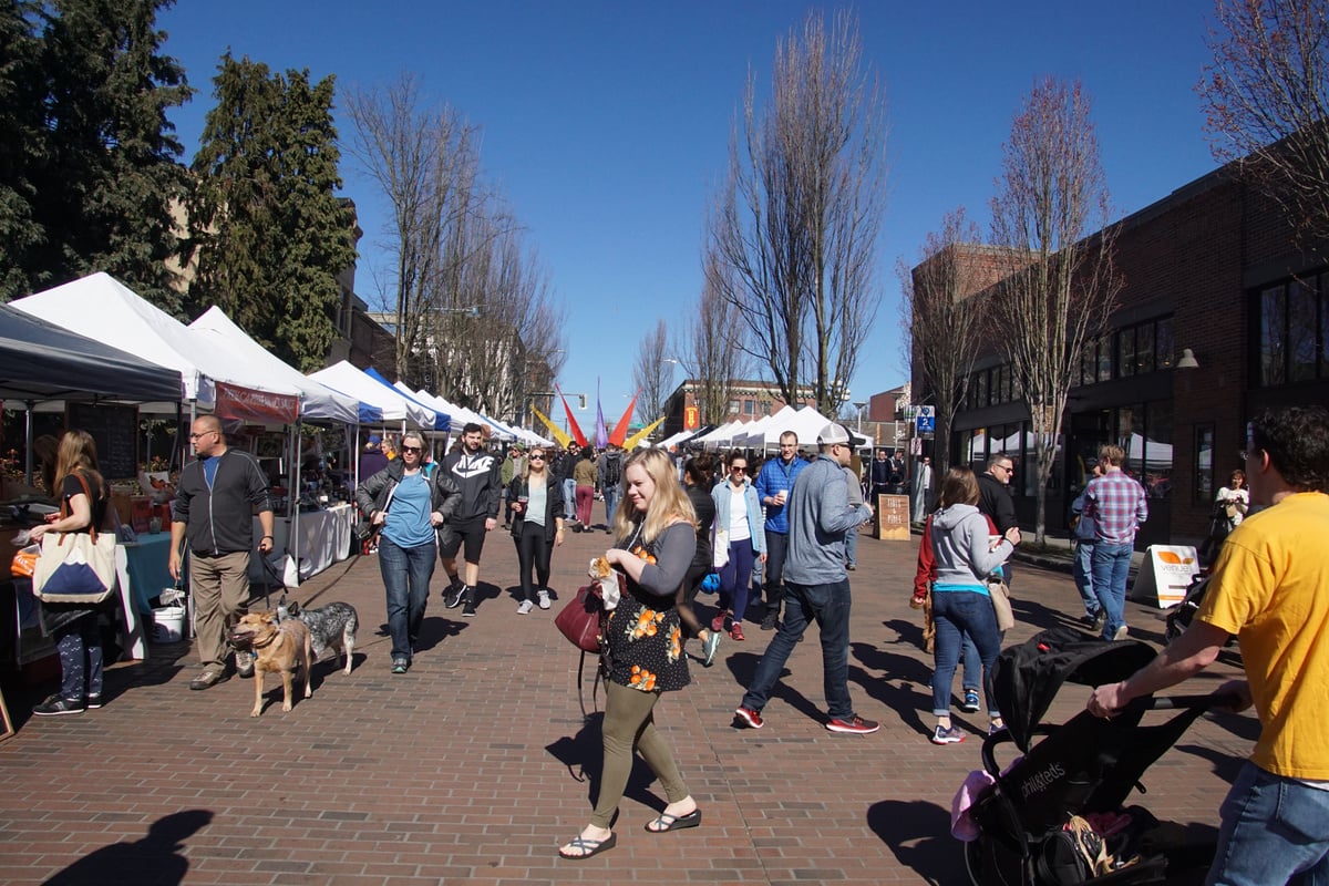 People Explore the Ballard Farmer's Market